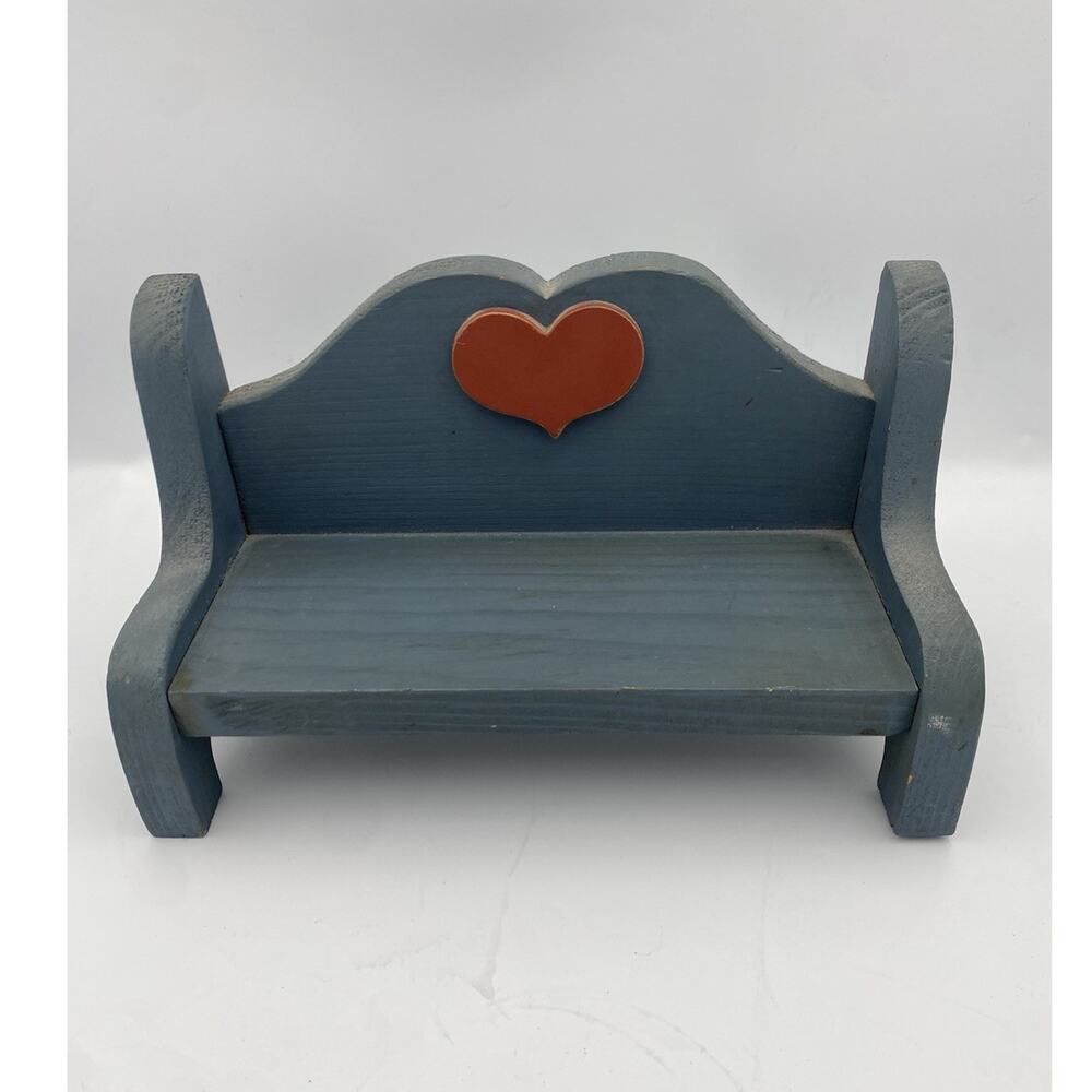 Handmade Painted Wood Doll Miniature Bench Country Bluew/Red Heart Vintage